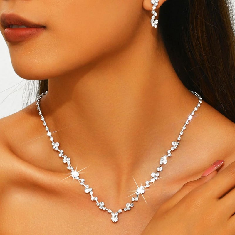 Aukmla Bride Wedding Necklace Earrings Set Silver Rhinestones Necklaces Bridal Crystal Jewelry Accessories for Women (Set of 3) - Image 2